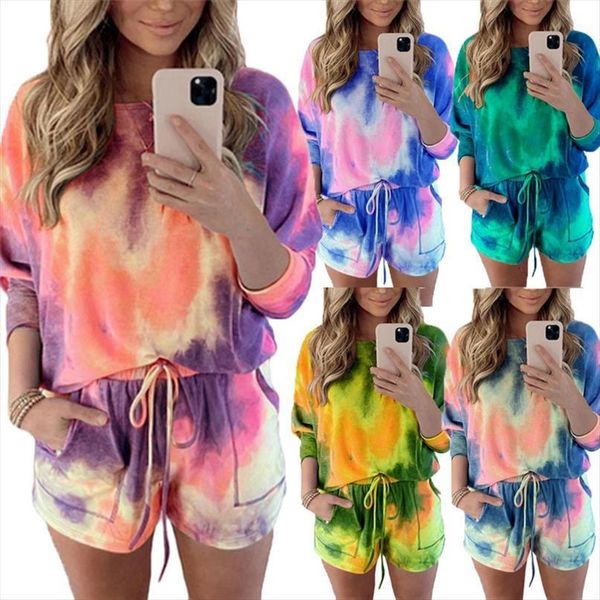 

two piece set casual tie womenpant dying pullovers short suit female outfit sportswear tracksuit joggings, White