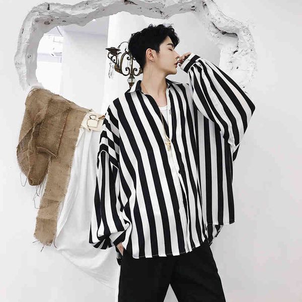 

men's casual shirts fashion trend black white stripe printing loose bat long sleeve french cuff hawaiian brand 7dhj, White;black