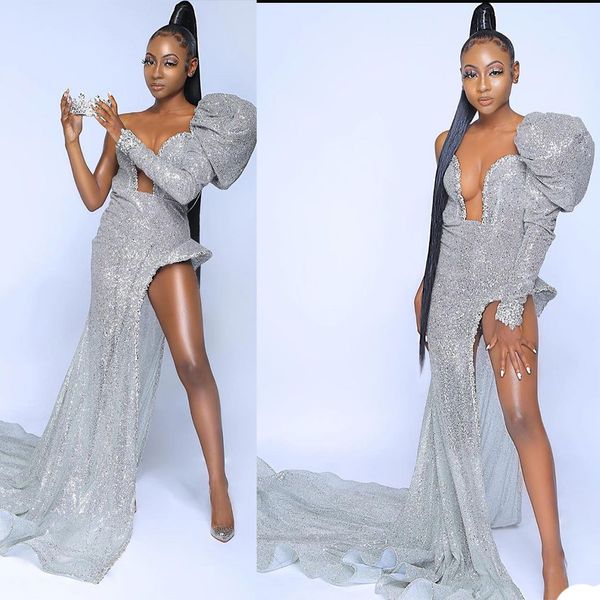 

silver sequins beads evening dresses high split long sleeves mermaid prom dress formal party gowns floor length custom made robe de mariÃ©e, Black;red