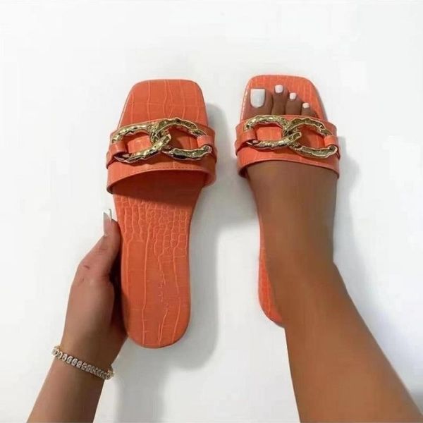 

ladies slippers and sandals metal chain decoration flat open toe beach shoes women a, Black