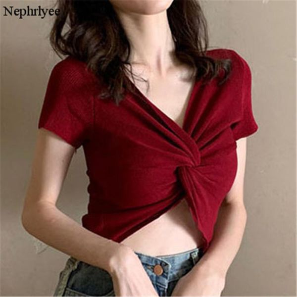 

women's t-shirt 2021 summer women tees fashion chic casual slim short sleeve female v neck knitted ca126, White