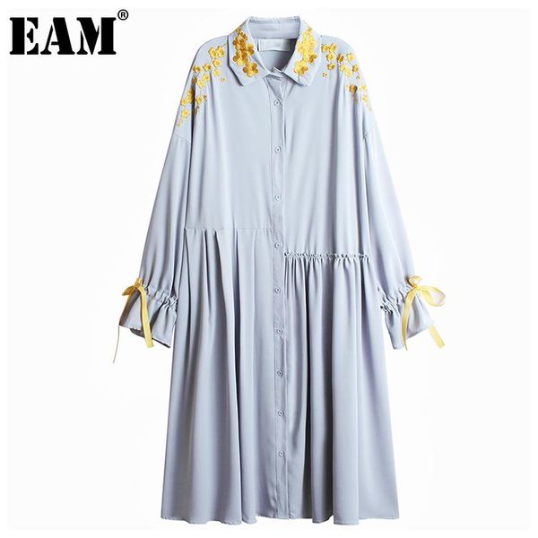 

[eam] women embroidery flowers bandage big size dress lapel long sleeve loose fit fashion tide spring autumn 2021 1dd5610 casual dresses, Black;gray