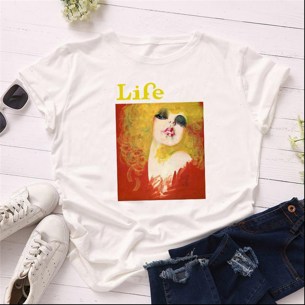 

womens t shirt women summer short sleeve fashion oil painting lady print life letter tshirts vogue female, White