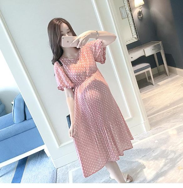 

pregnancy dress maternity summer dresses chiffon clothing for pregnant women short sleeve v-neck dot vestidos, White
