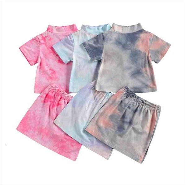

2-7y summer toddler kids girls clothes sets tie-dye printed short sleeve turtleneck t shirts skirts, White