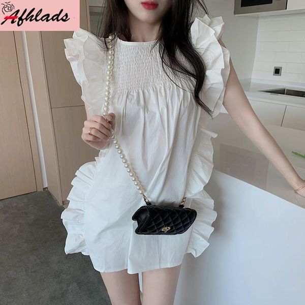 

casual dresses fashion ruffled patchwork sleeveless dress women's clothing summer loose thin solid color high waist party vestidos, Black;gray