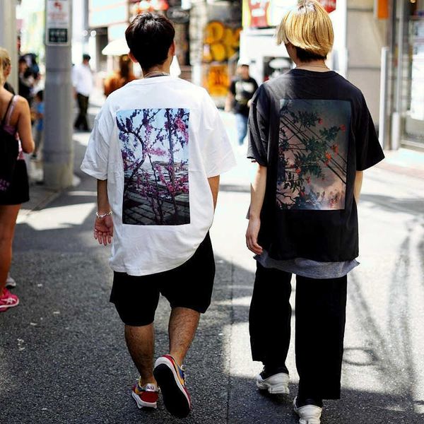 

fog double thread essentials meichaogao street leaves flowers cherry blossom ps oversize loose short sleeve t-shirt r1s1, White;black