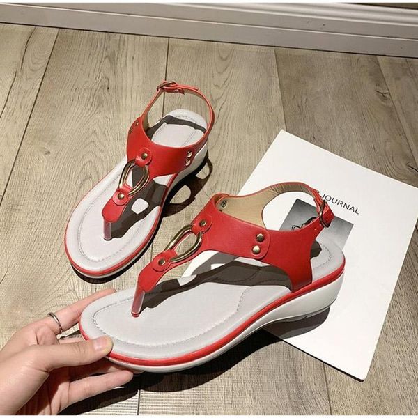 

dress shoes wedges sandals women clip toe metal rivet casual ladies flip flops pu leather buckle strap heels female summer 2021, Black
