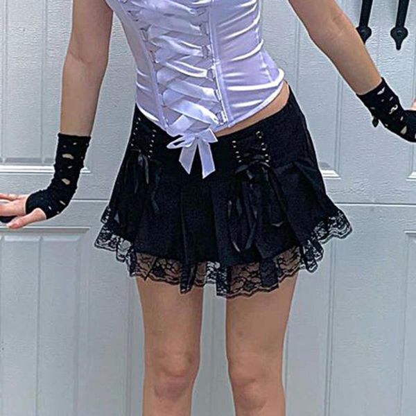 

skirts y2k lace up gothic pleated skirt woman punk dark academia vintage 90s aesthetic streetwear harajuku bandage mini ski, Black