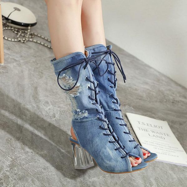 

boots womens denim jeans ankle lace up peep toe slingbacks sandals clear transparent block high heel summer shoes, Black