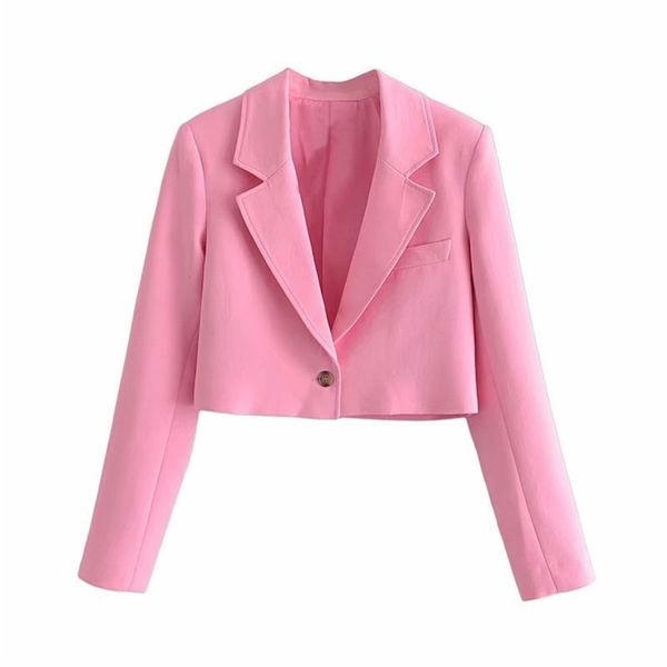 

fashion women solid pink crop blazer coat vintage notched collar pocket female casual chic 210514, White;black