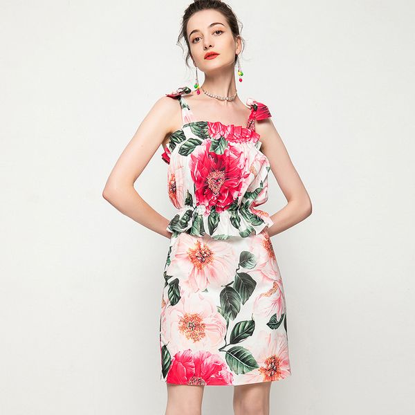 

women's runway dresses spaghetti straps floral printed ruffles fashion short pencil dress vestidos, Black