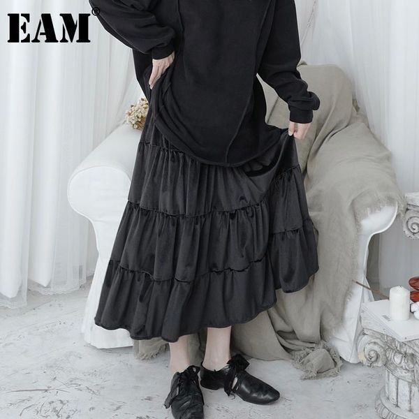 

skirts [eam] high elastic waist black velvet casual long temperament half-body skirt women fashion tide spring autumn 2021 1dd7037