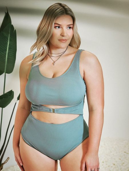 

plus rib cut-out one piece swimsuit n94w#, Black