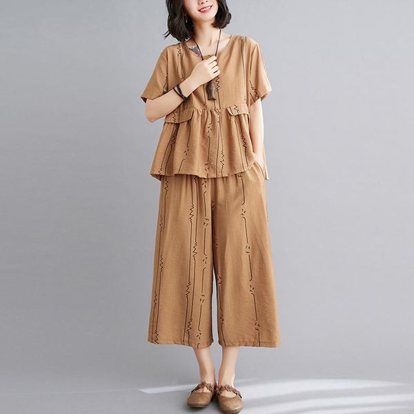 

women's two piece pants #4065 cotton linen set woman short sleeve round neck tshirts ang calf-length wide leg vintage retro red black, White