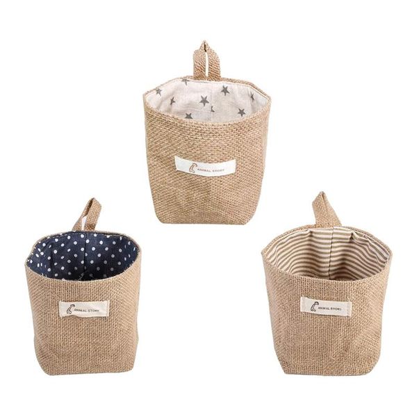 

storage bags 3 pack hanging bags, cotton linen basket foldable with handles
