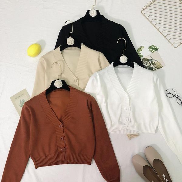 

women's knits & tees knitting cardigan solid women button up cropped sweater ribbed ropa mujer long sleeve fashion loose coat single br, White