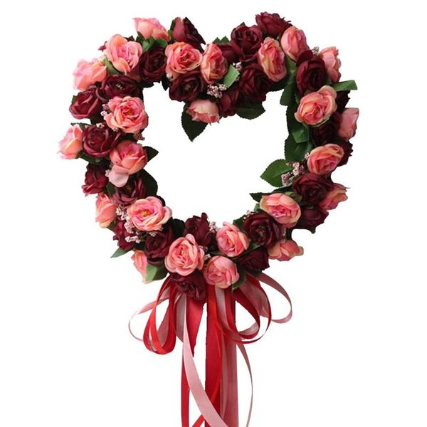 

artificial heart-shaped rose flower ribbon door hanging wreath for front door wall window wedding party home decor