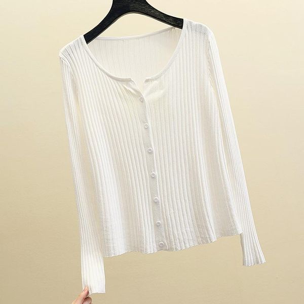 

women's knits & tees girl summer autumn knitted jacket thin cropped cardigan women full sleeve blouse transparent anti uv v-neck top, White