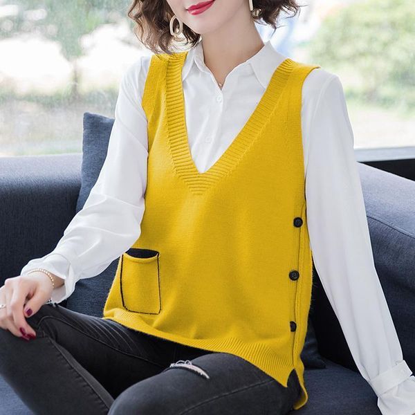 

women's vests 2021 spring knitted vest women korean version loose solid color sleeveless button pocket sweater jacket trend, Black;white