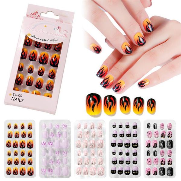 

false nails 24 pcs acrylic nail tips flame design wearable fake with glue full cover press on diy manicure tools, Red;gold