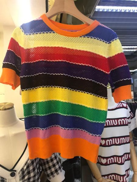 

Net red same 2021 spring new Rainbow Stripe T-shirt short sleeve thin top female spring round neck sleeve, White;black