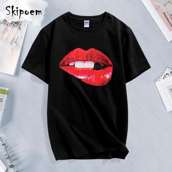 

women's t-shirt sexy-lips t shirt women aesthetic korean style vintage tumblr punk harajuku skipoem plus size short sleeve streetwear t, White