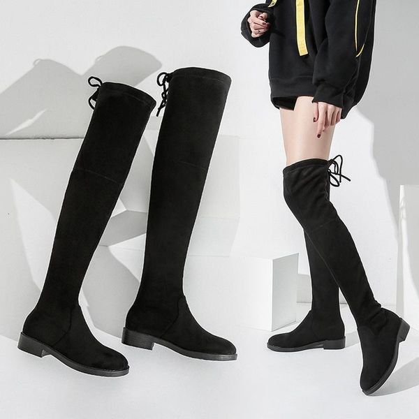 

boots shoes 2021 long woman overknee elastic high heels platform size increase, Black