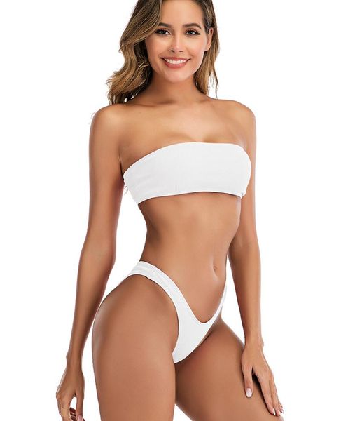 

women strapless ribbed high cut bandeau bikini set one-piece suits