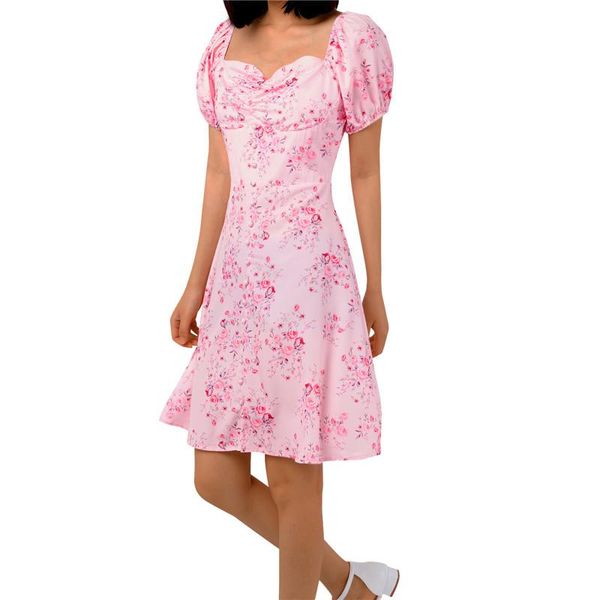 

casual dresses women low-cut floral printing puff sleeve dress temperament backless zipper summer boho, Black;gray