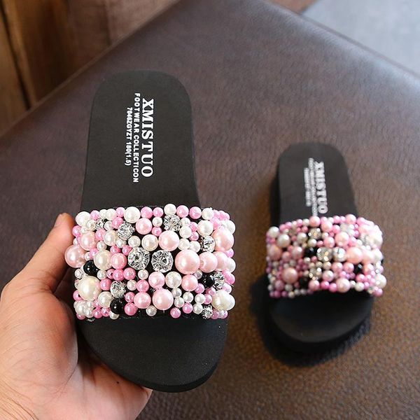 

slipper childrens slippers girls sweet summer shoes lovely kids pearls rhinestone princess parent child, Black;grey