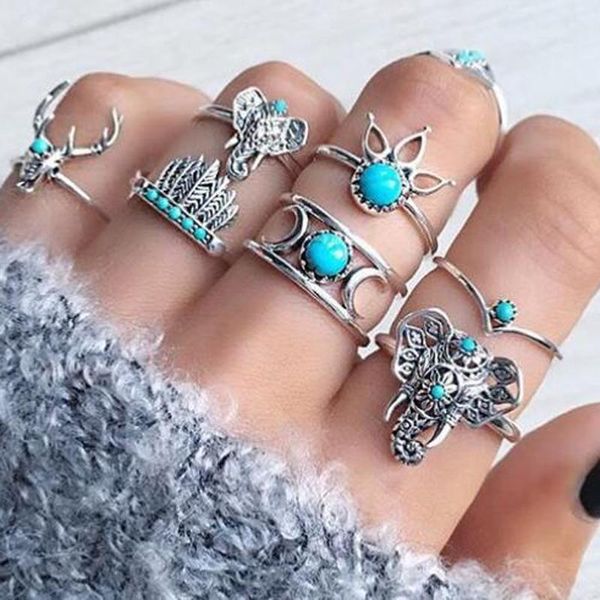 

cluster rings huatang 7pcs/set vintage blue stone elephant finger sets for women geometric deer midi knuckle ring female jewelry anillos, Golden;silver