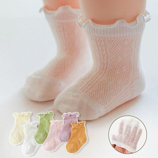 

solid color baby socks for girls cotton mesh lace ruffle summer infant toddler floor, Pink;yellow