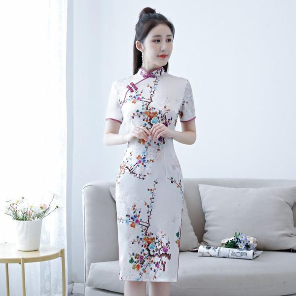 

casual chinese style dress print design slim cheongsam evening traditional qipao ethnic clothing, Red