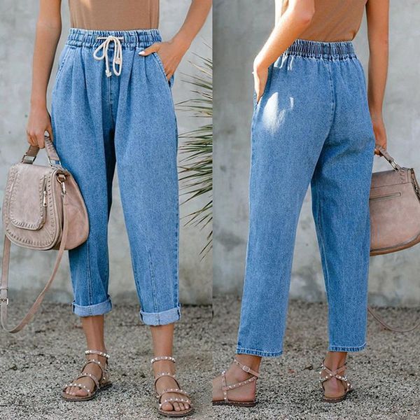 

women's jeans streetwear fashion mom elaistic high waist vintage ankle-length baggy pants women loose denim trousers summer clothing, Blue