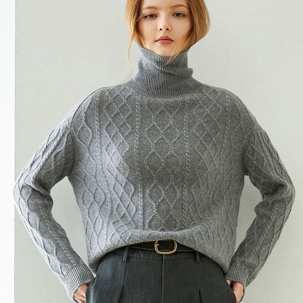 

women's two piece pants 2021 female cashmere sweater fall high fashion turtleneck loose 100%, White