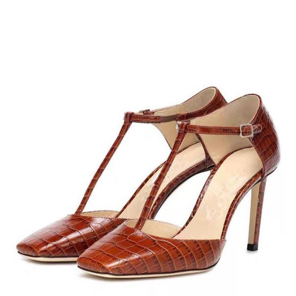 

summer women shoes square toe t strap stiletto high heel sandals concise cover fashion european elegant, Black