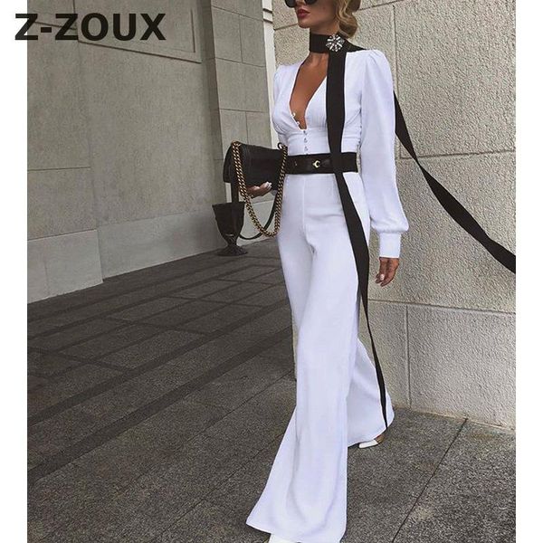 

women's jumpsuits & rompers z-zoux women jumpsuit deep v neck long sleeve womens high waist wide leg white 2021, Black;white