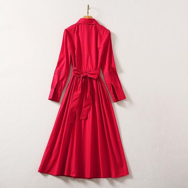 

casual dresses est fashion 2021 spring runway shirt collar long sleeves buttons red dress, Black;gray