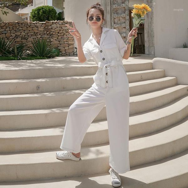 Jumpsuits femininos macacões de verão macacão branco manga curta uma peça calças de carga feminina streetwear casual largo perna calças sasher r