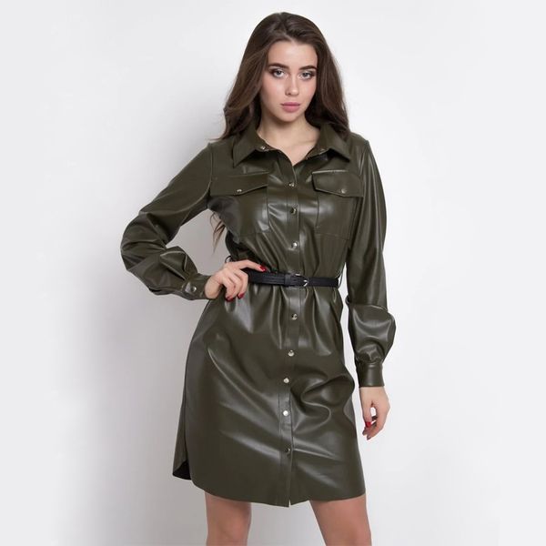 

2021dabourfeel fashion pu leather dress women casual pockets belt button dress long sleeve turn down collar office lady streetwear, Black;gray