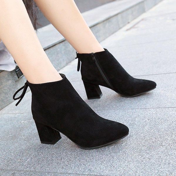 

boots women ankle spring high heels faux suede plus size short boot zipper chunky thick heel shoes ladies casual 2021, Black