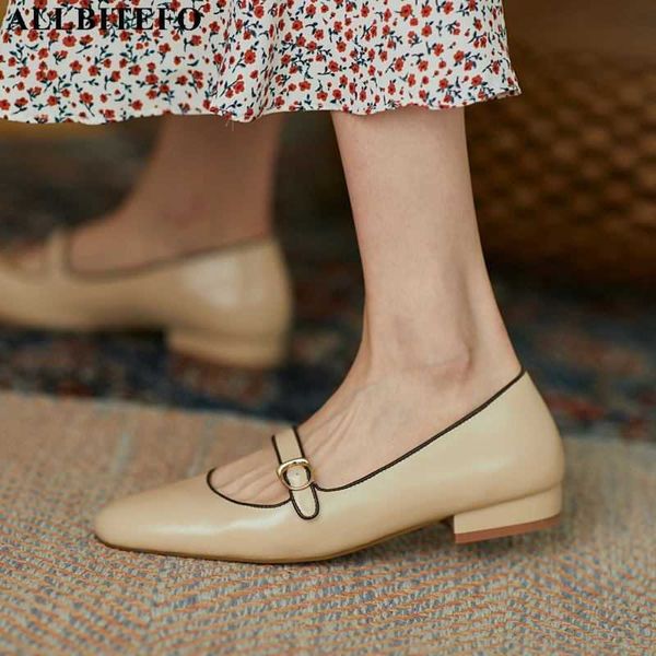 

allbitefo round toe natural genuine leather women heels thick heel spring fashion women's low heel shoes high heels 210611, Black
