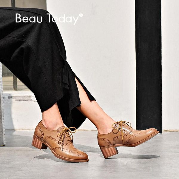 

dress shoes beautoday women oxfords sheepskin genuine leather waxing round toe lace-up ladies pumps handmade a15114, Black