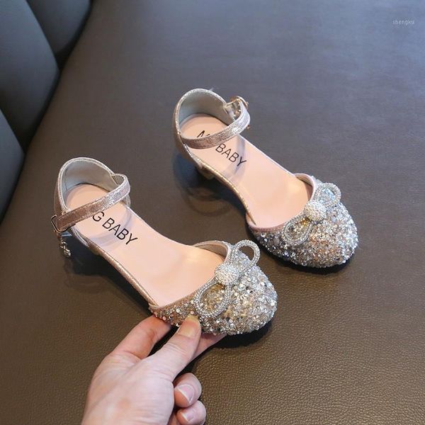 Sandali Scarpe da ragazza Estate Bling Principessa Fiocco Danza Tacchi alti Festa Bambini Cinturino alla caviglia Sandali da sposa