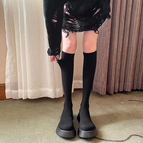 

boots women 2021 shoes winter footwear flat heel clogs platform round toe lolita high autumn rubber over-the-knee, Black