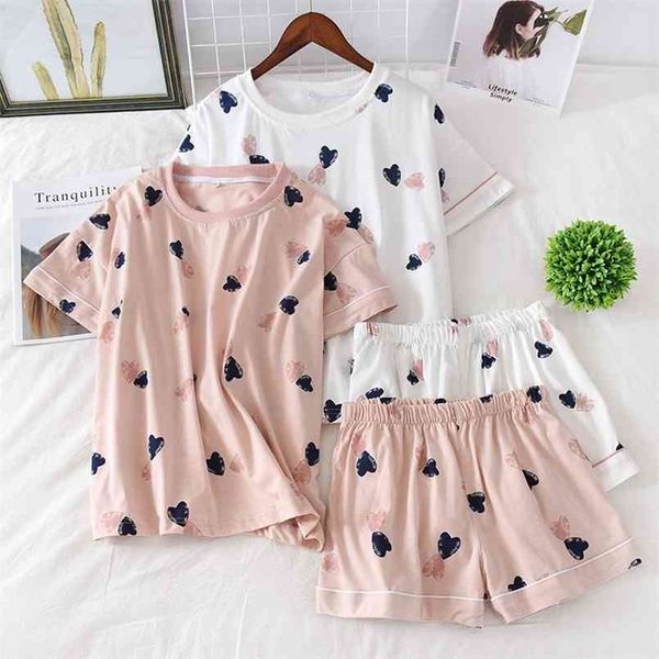 

women's 100% cotton short-sleeved shorts in summer pajamas cartoon sports and leisure two-piece suits can be worn out 210809, Black;red