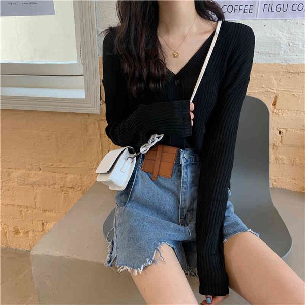 

lucyever women fashion v-neck elastic knitted shirt casual loose button long sleeve shirt woman korean wild pocket sweater woman 210521, White