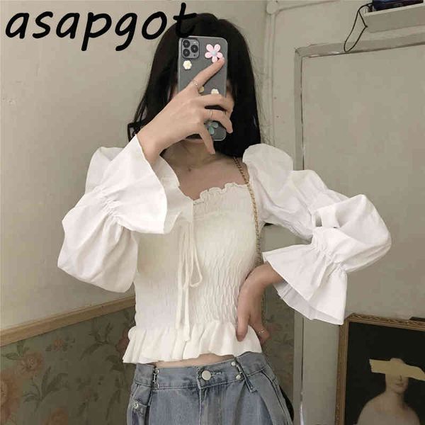 Hemden Blusen Slim Hohe Taille Chic Weiß Plissee Kurze Tops Koreanische Square Neck Flare Sleeve Bluse Frauen Mode Kleidung 210429