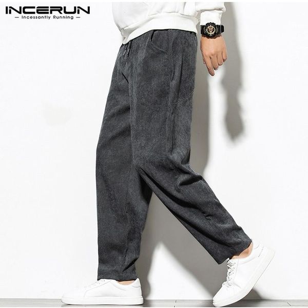 

corduroy pants mens solid color drawstring casual baggy trousers leisure straight pantalones s-5xl men's, Black